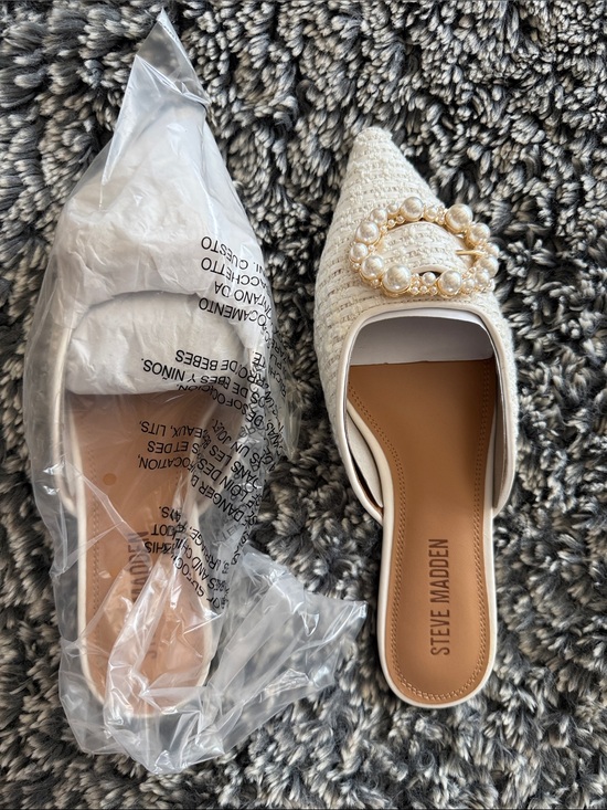 Steve Madden Shoes - Steve Madden Cream Woven Mule with Pearl & Gold Buckle